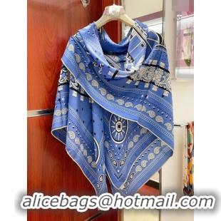 Shop Cheap Hermes Cashmere & Silk All Aboard！Sqaure Shawl Scarf 140cm H111822 Blue 2023