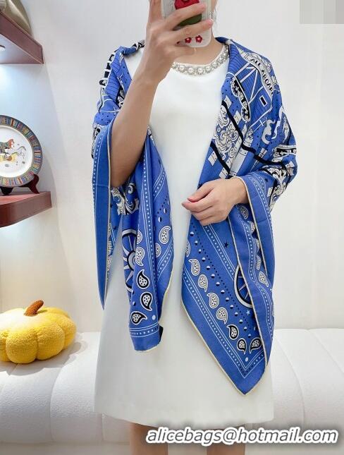 Shop Cheap Hermes Cashmere & Silk All Aboard！Sqaure Shawl Scarf 140cm H111822 Blue 2023