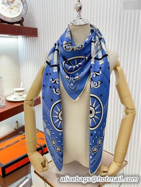 Shop Cheap Hermes Cashmere & Silk All Aboard！Sqaure Shawl Scarf 140cm H111822 Blue 2023