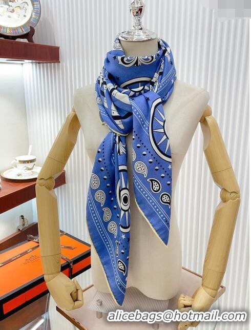 Shop Cheap Hermes Cashmere & Silk All Aboard！Sqaure Shawl Scarf 140cm H111822 Blue 2023