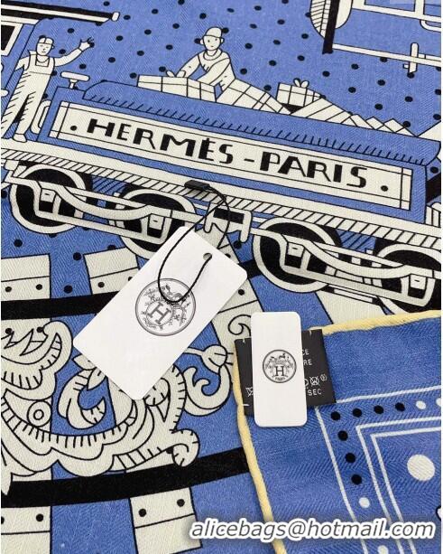 Shop Cheap Hermes Cashmere & Silk All Aboard！Sqaure Shawl Scarf 140cm H111822 Blue 2023