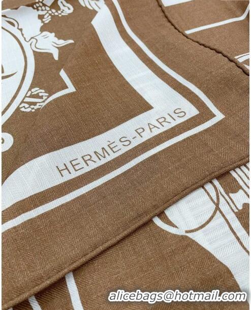 Pretty Style Hermes Cashmere & Silk Sqaure Shawl Scarf 140cm H111827 Brown 2023