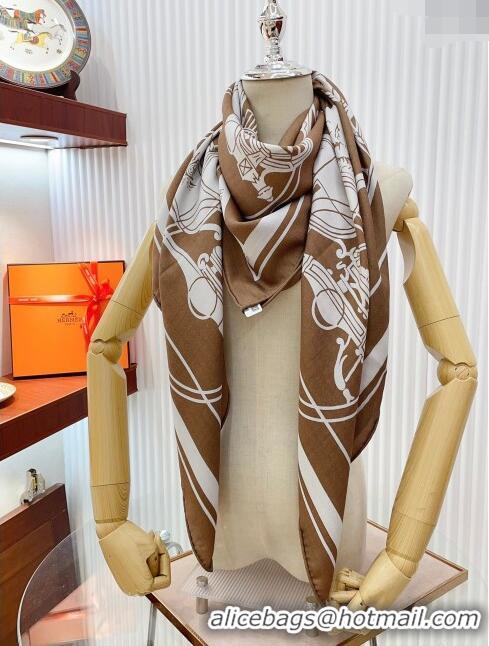 Pretty Style Hermes Cashmere & Silk Sqaure Shawl Scarf 140cm H111827 Brown 2023