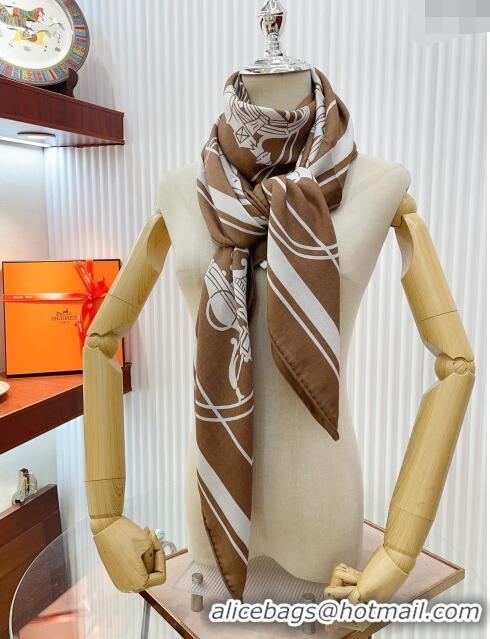 Pretty Style Hermes Cashmere & Silk Sqaure Shawl Scarf 140cm H111827 Brown 2023