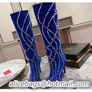 Grade Quality Christian Louboutin Astrilarge Botta Pika High Boots 10cm with Studs Wrap Blue 120056