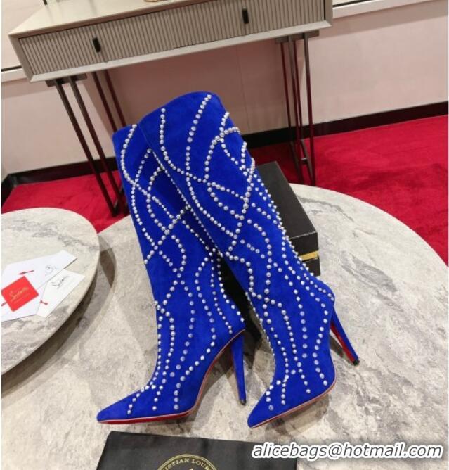 Grade Quality Christian Louboutin Astrilarge Botta Pika High Boots 10cm with Studs Wrap Blue 120056