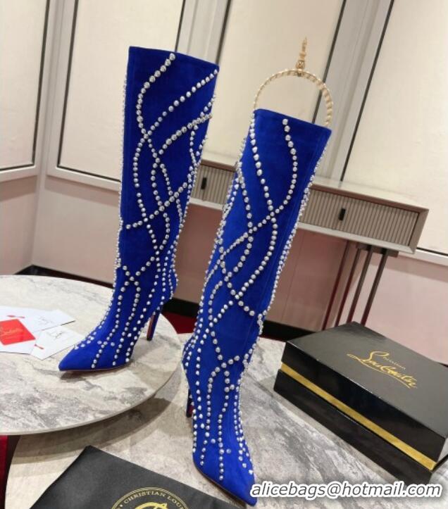 Grade Quality Christian Louboutin Astrilarge Botta Pika High Boots 10cm with Studs Wrap Blue 120056