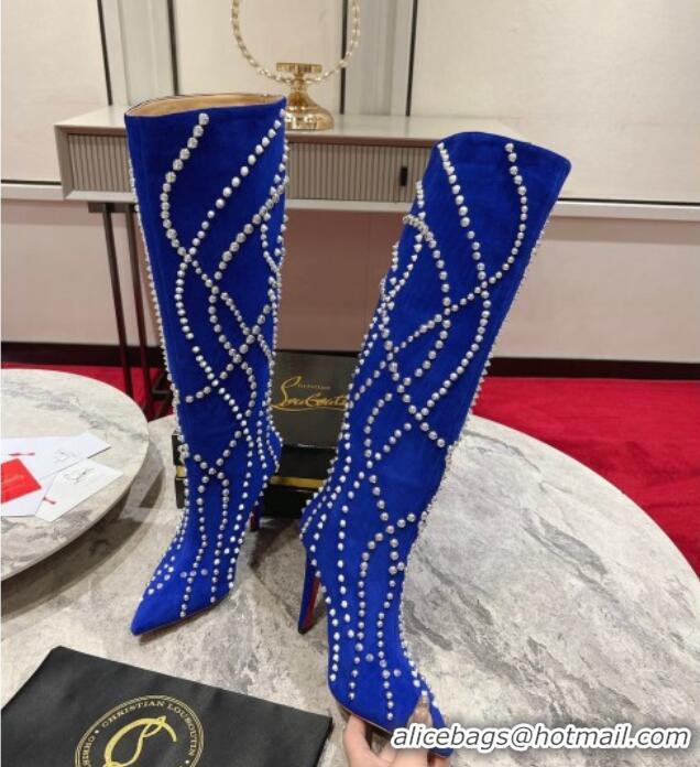 Grade Quality Christian Louboutin Astrilarge Botta Pika High Boots 10cm with Studs Wrap Blue 120056