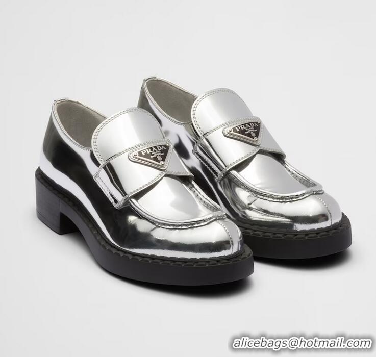 ​Super Quality Prada Metalic Leather Logo Loafers PA1229 Silver