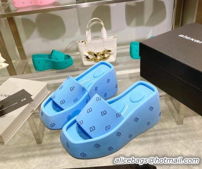 Purchase Alexander Wang Taji Platform Wedge Slides Sandals in Fabric with Crystals a Light Blue 626052