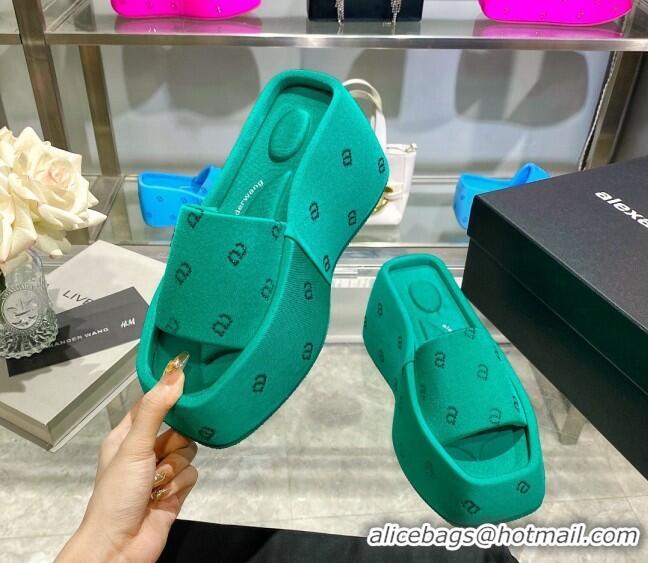 Luxury Alexander Wang Taji Platform Wedge Slides Sandals in Fabric with Crystals a Green 626054