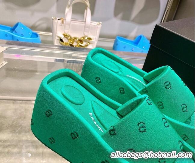 Luxury Alexander Wang Taji Platform Wedge Slides Sandals in Fabric with Crystals a Green 626054