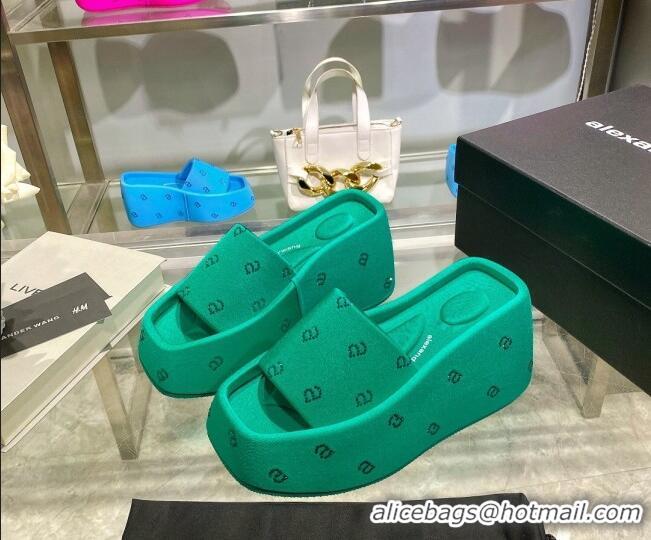 Luxury Alexander Wang Taji Platform Wedge Slides Sandals in Fabric with Crystals a Green 626054