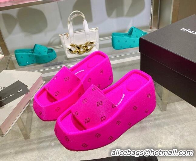 Good Looking Alexander Wang Taji Platform Wedge Slides Sandals in Fabric with Crystals a Dark Pink 626055