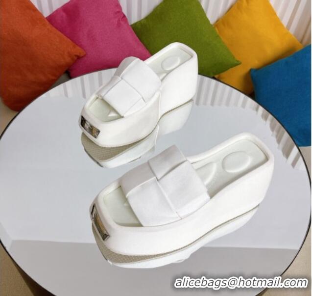 Best Product Alexander Wang Taji Platform Wedge Slides Sandals in Woven Fabric with Metal Band White 071036