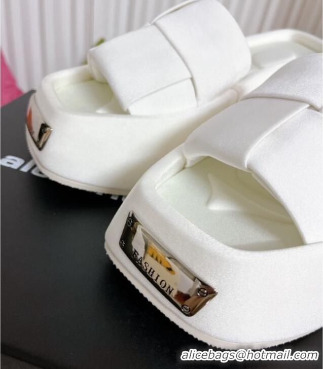 Best Product Alexander Wang Taji Platform Wedge Slides Sandals in Woven Fabric with Metal Band White 071036