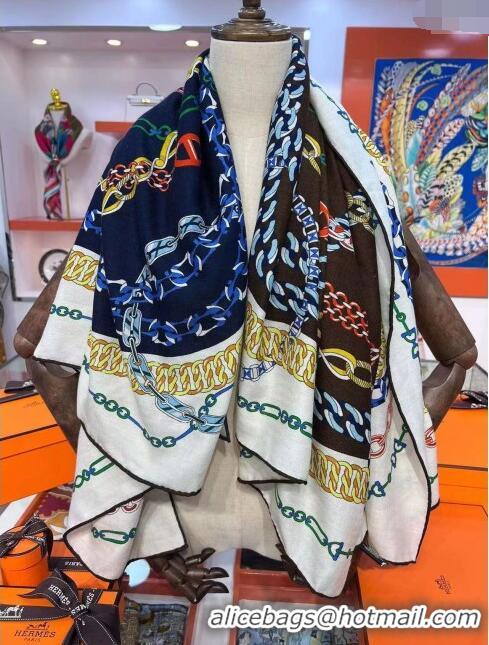 Shop Hermes Cashmere & Silk Sqaure Shawl Scarf 140cm H112119 Blue/Brown/White 2023 Top