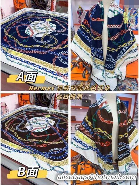 Shop Hermes Cashmere & Silk Sqaure Shawl Scarf 140cm H112119 Blue/Brown/White 2023 Top