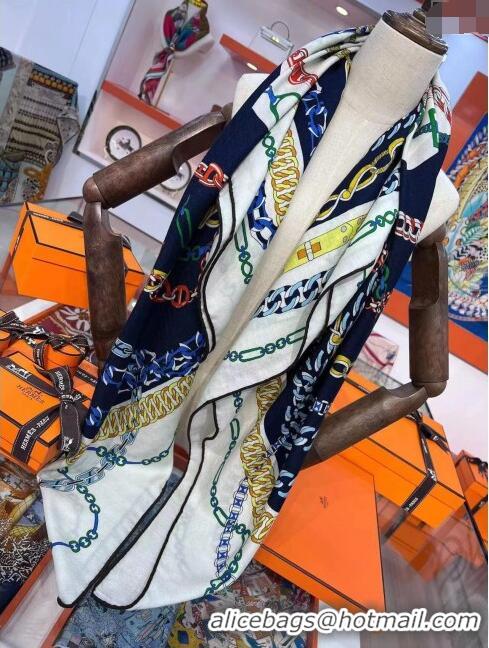 Shop Hermes Cashmere & Silk Sqaure Shawl Scarf 140cm H112119 Blue/Brown/White 2023 Top