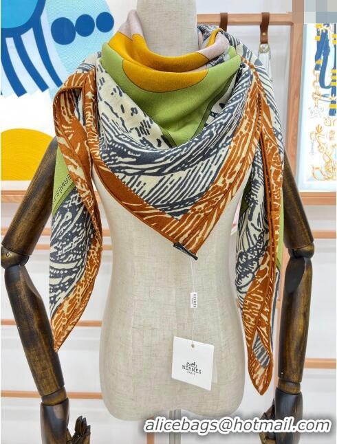 Sale Grade Hermes Cavalier En Formes Cashmere & Silk Sqaure Shawl Scarf 140cm H111842 Green 2023