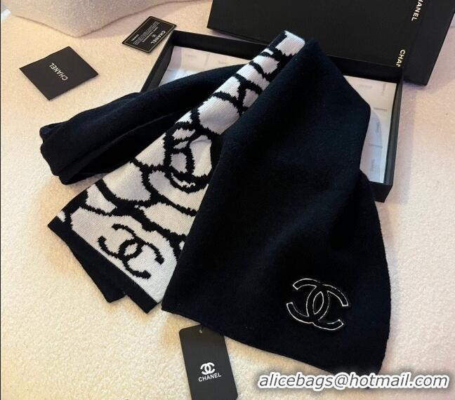 Famous Brand Chanel Camellia Bloom Knit Scarf 35x180cm 1123 White/Black 2023