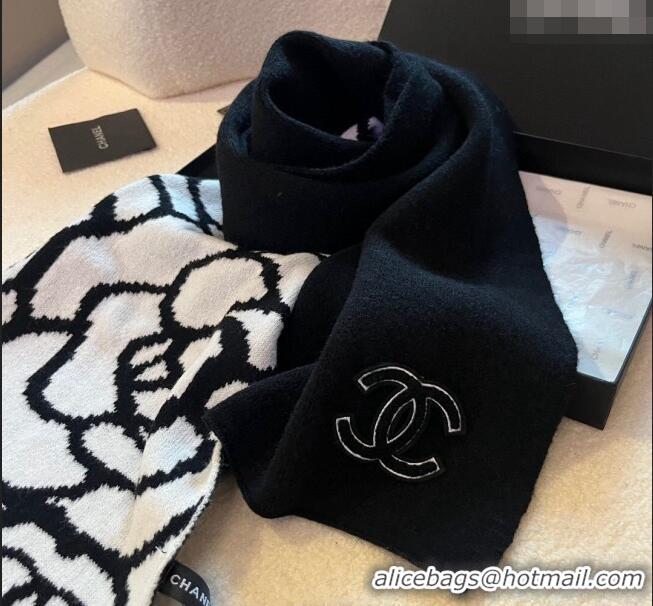 Famous Brand Chanel Camellia Bloom Knit Scarf 35x180cm 1123 White/Black 2023