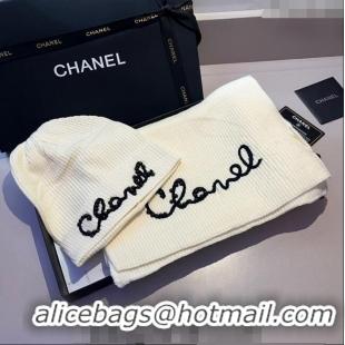 Well Crafted Chanel Knit Hat and Scarf Set CH1123 White 2023