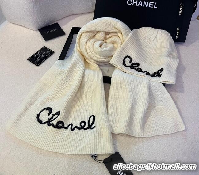 Well Crafted Chanel Knit Hat and Scarf Set CH1123 White 2023