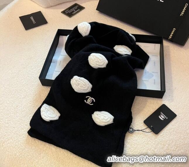 Inexpensive Chanel Camellia Bloom Charm Knit Scarf 22x120cm CH3031 Black/White 2023