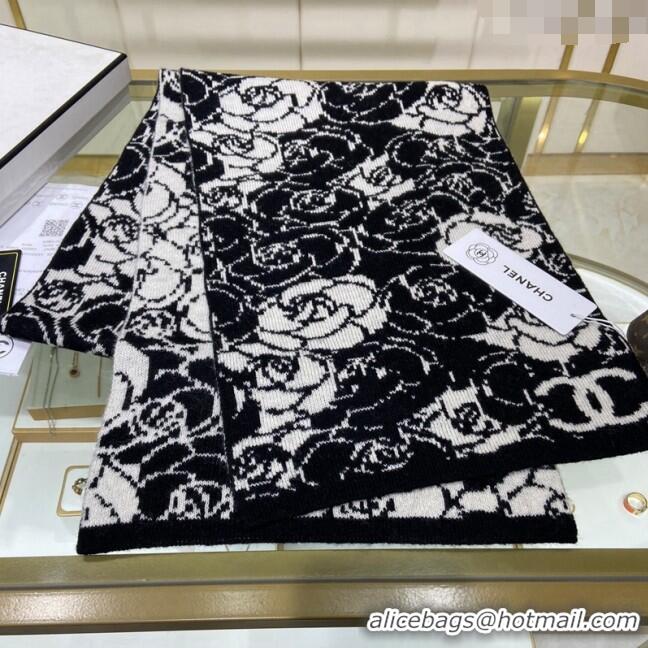 Super Quality Chanel Camellia Bloom Long Cashmere Scarf 46x170cm CH1123 Black/White 2023