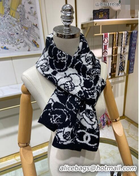 Super Quality Chanel Camellia Bloom Long Cashmere Scarf 46x170cm CH1123 Black/White 2023