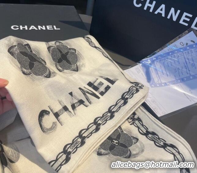 New Fashion Chanel Camellia Bloom Cashmere Long Scarf 110x200cm CH1123 White 2023