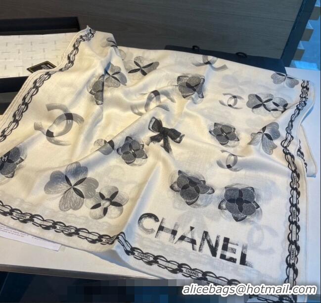 New Fashion Chanel Camellia Bloom Cashmere Long Scarf 110x200cm CH1123 White 2023