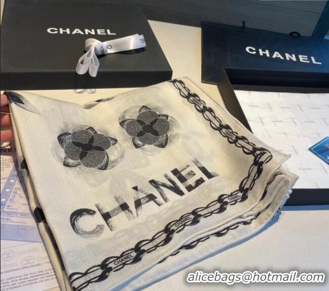 New Fashion Chanel Camellia Bloom Cashmere Long Scarf 110x200cm CH1123 White 2023