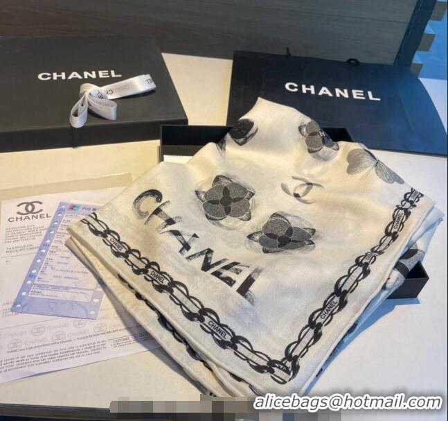 New Fashion Chanel Camellia Bloom Cashmere Long Scarf 110x200cm CH1123 White 2023