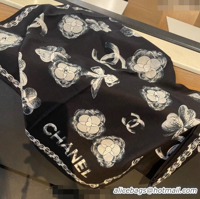 Most Popular Chanel Camellia Bloom Cashmere Long Scarf 110x200cm CH1123 Black 2023