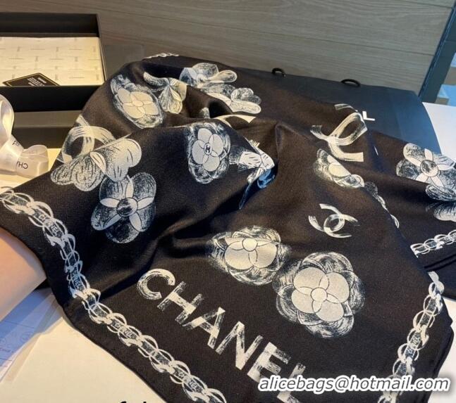 Most Popular Chanel Camellia Bloom Cashmere Long Scarf 110x200cm CH1123 Black 2023