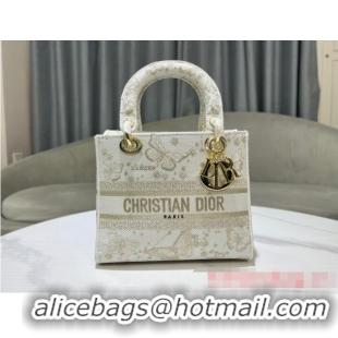 Shop Grade MEDIUM Dior LADY D-LITE BAG Gold-Tone and White Butterfly Zodiac Embroidery M0565OE