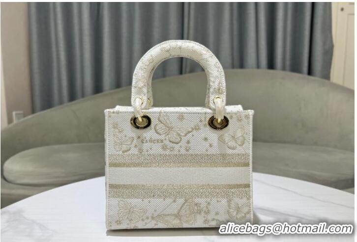 Shop Grade MEDIUM Dior LADY D-LITE BAG Gold-Tone and White Butterfly Zodiac Embroidery M0565OE