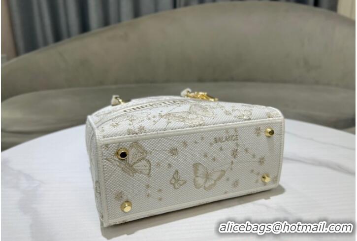 Shop Grade MEDIUM Dior LADY D-LITE BAG Gold-Tone and White Butterfly Zodiac Embroidery M0565OE