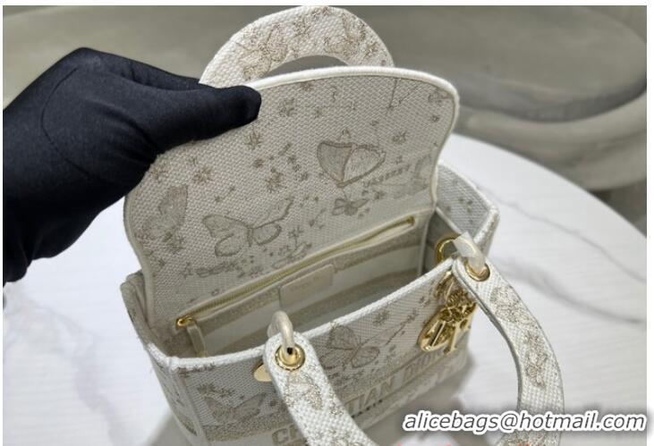 Shop Grade MEDIUM Dior LADY D-LITE BAG Gold-Tone and White Butterfly Zodiac Embroidery M0565OE