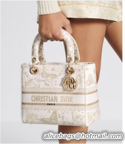 Shop Grade MEDIUM Dior LADY D-LITE BAG Gold-Tone and White Butterfly Zodiac Embroidery M0565OE