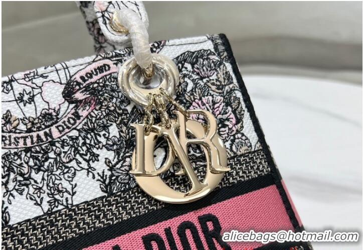 Sophisticated MEDIUM LADY D-LITE BAG White and Pastel Pink Butterfly Around The World Embroidery M0565O