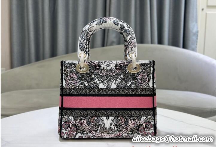 Sophisticated MEDIUM LADY D-LITE BAG White and Pastel Pink Butterfly Around The World Embroidery M0565O