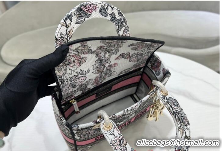 Sophisticated MEDIUM LADY D-LITE BAG White and Pastel Pink Butterfly Around The World Embroidery M0565O