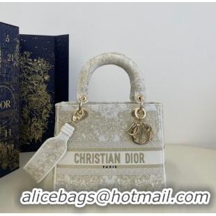 Best Quality MEDIUM DIOR LADY D-LITE BAG Gold-Tone and White Butterfly Around The World Embroidery M0565OE