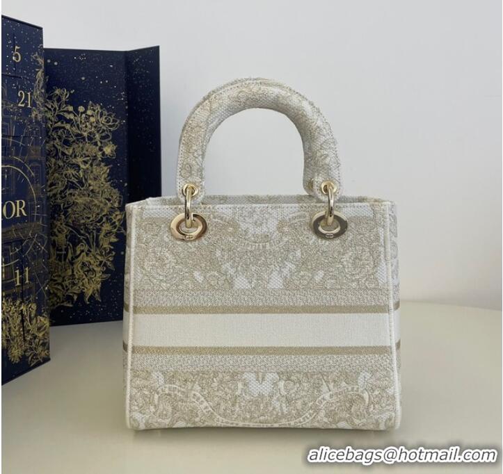 Best Quality MEDIUM DIOR LADY D-LITE BAG Gold-Tone and White Butterfly Around The World Embroidery M0565OE