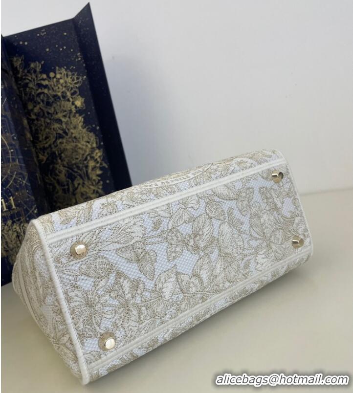 Best Quality MEDIUM DIOR LADY D-LITE BAG Gold-Tone and White Butterfly Around The World Embroidery M0565OE