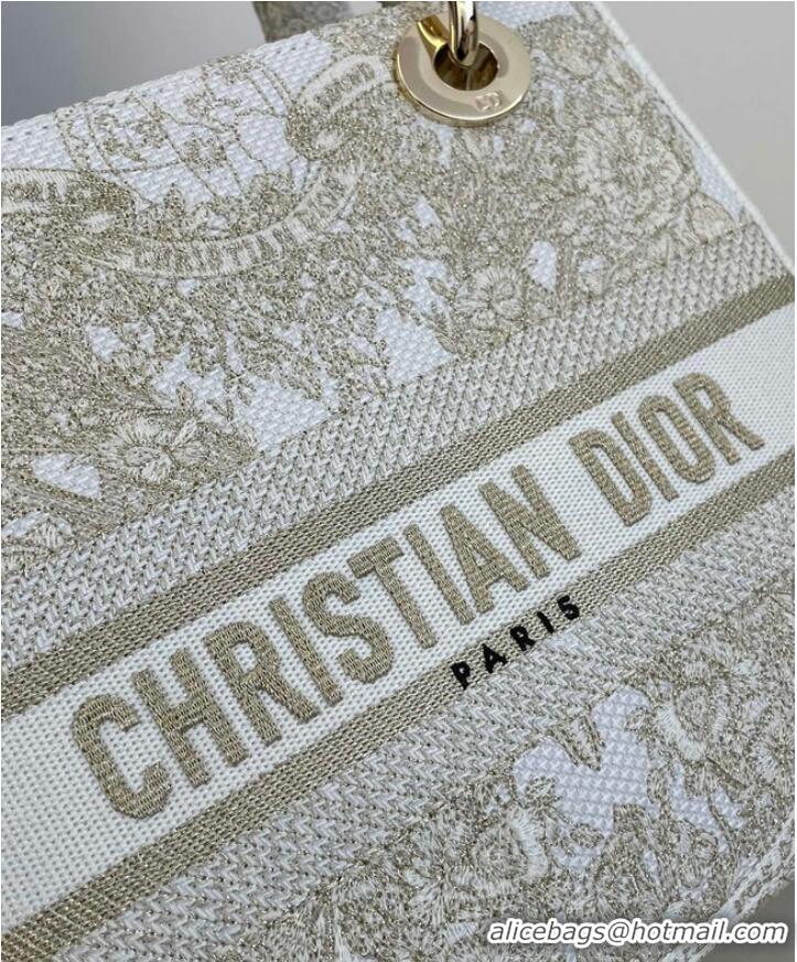 Best Quality MEDIUM DIOR LADY D-LITE BAG Gold-Tone and White Butterfly Around The World Embroidery M0565OE