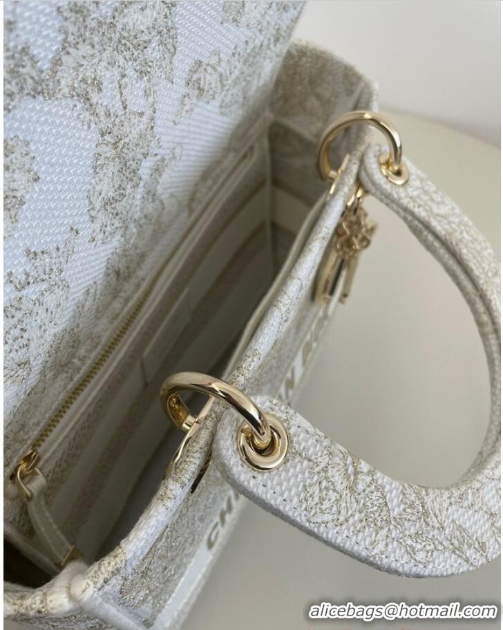 Best Quality MEDIUM DIOR LADY D-LITE BAG Gold-Tone and White Butterfly Around The World Embroidery M0565OE